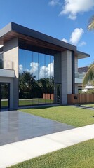 Stunning modern home with a sleek architectural design, large glass windows, and an inviting green lawn creates a breathtaking outdoor space for relaxation.