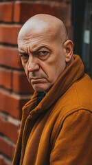 A stern-looking mature man with a bald head and intense gaze stands against a backdrop of red bricks, conveying a sense of seriousness and depth in the urban environment.