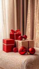 Elegant Christmas gift boxes with red ribbons and shiny baubles arranged on a textured beige surface, creating a festive holiday scene with soft curtain backdrop