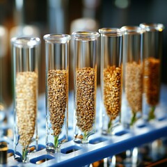 Scientific exploration of grain varieties reveals subtle color and texture variations in precisely arranged laboratory test tubes
