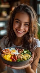 A cheerful young girl smiles as she presents a colorful bowl of healthy food, showcasing a delightful mix of ingredients that promote wellness and vitality.