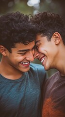 Intimate moment of joy shared between two young individuals with curly hair, expressing genuine happiness and connection through close physical proximity and bright smiles