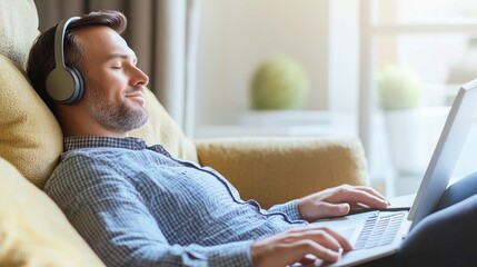 A relaxed man enjoying music while using a laptop comfortably seated on a couch, creating a serene atmosphere that embodies the essence of home relaxation and digital connectivity.