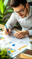 Focused professional analyzing business charts and graphs with precision, creating strategic insights in a bright, modern workspace with green plants
