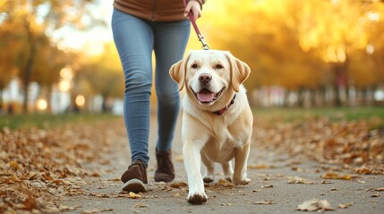 A joyful Labrador retriever walks with its owner through a picturesque park adorned with golden autumn leaves, radiating warmth and companionship in nature's beauty.