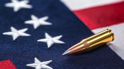 Powerful symbol of American freedom and defense, showcasing a brass bullet resting on the iconic stars and stripes national flag with dramatic lighting and sharp focus