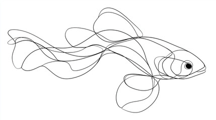Minimalist line drawing of a fish in graceful, flowing motion. Elegant aquatic design, simple black lines on white background, modern art style.