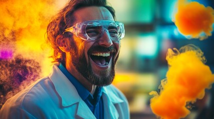 Captivating scientist enthusiastically engages with colorful, vibrant smoke in a lab, evoking a sense of joy and discovery through inventive experimentation and playful exploration.