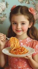 Adorable young girl in a coral floral dress twirling spaghetti on a fork, smiling brightly against a vintage floral wallpaper background with soft pastel tones