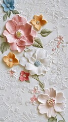 Delicate floral embossed artwork with soft pastel pink, white, and yellow flowers creating elegant three-dimensional texture on textured background