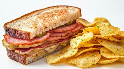 Deliciously layered ham sandwich on toasted bread accompanied by crispy potato chips, perfect for lunch or a snack, appealing to food lovers and culinary enthusiasts alike.