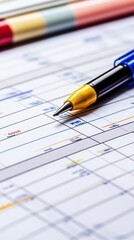 Close-up of a blue pen poised on a calender filled with organized scheduling and planning entries, showcasing productivity and time management in action effectively captured in detail.