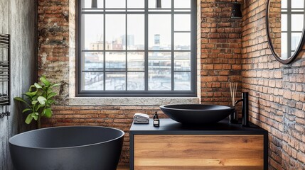 A modern bathroom featuring a sleek black tub and basin, complemented by rustic exposed brick walls and large windows, creating a bright and open atmosphere.