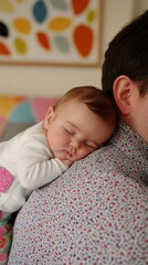 Peaceful infant nestled against a parent's shoulder, sleeping soundly in a cozy nursery with colorful artwork creating a warm, nurturing environment