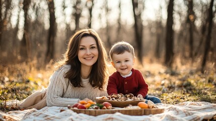 Warm autumn picnic scene with mother and child sharing a cozy moment on a blanket surrounded by fallen leaves and seasonal treats