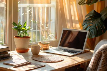 Fototapeta premium Remote Work Desk Setup by Window with Natural Light, Cozy Working Environment