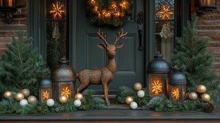 Festive Christmas Porch Decor with Reindeer and Lanterns