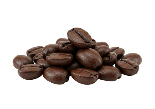 A small pile of dark roasted coffee beans with an oily sheen, one elevated, on a transparent background in a shadowless macro studio shot, capturing exquisite detail and crisp contours. Concept for