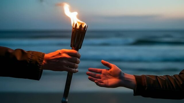 Torch passing on beach at sunset. A flaming torch relay, symbol of succession, leadership, hope, and inspiration. Use for motivational presentations, corporate training, and historical events.
