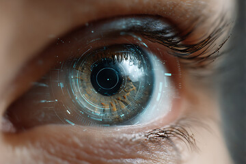 Extreme close up of a human eye with futuristic digital interface overlay