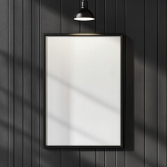 Black framed blank canvas on dark wood wall under hanging light, suitable for art mockups or modern interior design visuals.