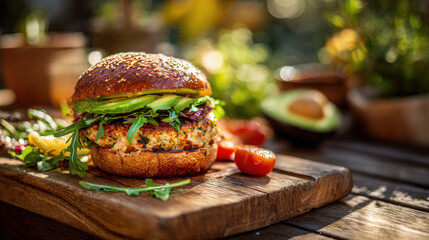 Grilled turkey burger with avocado and lettuce, healthy lunch option, rustic wooden board, sunny outdoor setting, fresh vibes