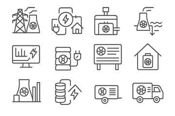 Fototapeta premium Black and gray industrial energy icons on metal background