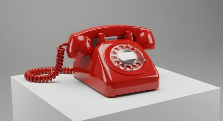 Red vintage rotary telephone on white pedestal. Old fashioned phone for communication and historical reference. Antique technology device for call.