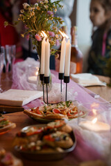 Cozy Birthday Celebration with Candles, Appetizers, and Lilac Tulle Decor: Intimate Party Scene with Soft Lighting