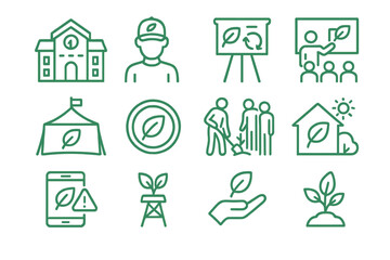 Eco education icons - school, plant, leaves, green, sustainability