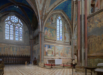 Right transept and side altar of the Upper Church of San Francesco in Assisi, Italy, with Gothic...
