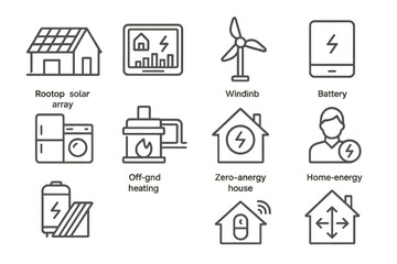 Sustainable energy icons - solar, wind, battery, zero-energy house