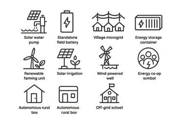Renewable energy icons: solar, wind, microgrid, storage solutions