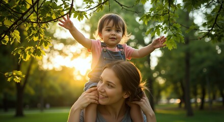 mother and daughter sharing tender moment on shoulders in sunny park. Woman carrying young girl outdoors during family bonding time. Mother's day celebration. Mother's day gifts, family services