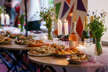 Elegant Party Buffet Spread with Rose Wine, Candles, Floral Arrangements, Pink Accents, and...