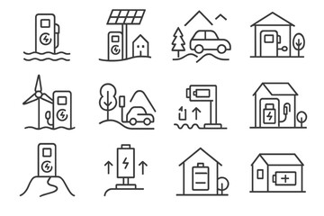 Renewable energy symbols: solar, wind, electric vehicles, eco-friendly homes