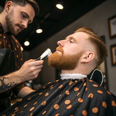 A young Caucasian man with a red beard receives a beard grooming treatment from a male barber in a modern barbershop setting.