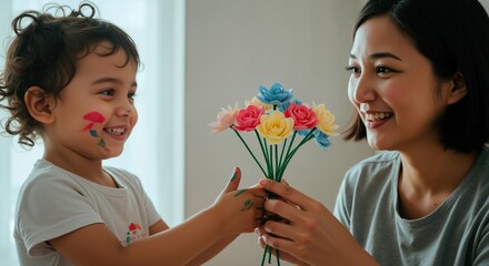 Caucasian child giving colorful flower bouquet to smiling woman outdoors in sunny garden. Mother's day celebration concept. Mother's day gifts sale, flower delivery services