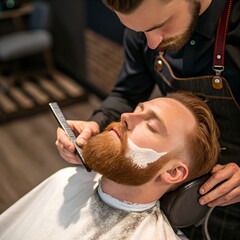 A young Caucasian man with a red beard receives a shave from a barber. The barber, a young man with dark hair, carefully applies shaving cream.