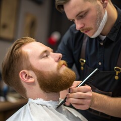 A young Caucasian man with a beard receives a haircut from a barber. The barber, also Caucasian, carefully trims the man's beard with a razor in a modern barbershop.