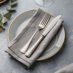 A neatly arranged dining table setting with a gray plate, silver fork, and knife placed on a folded gray napkin. A sprig of eucalyptus adds a touch of greenery.