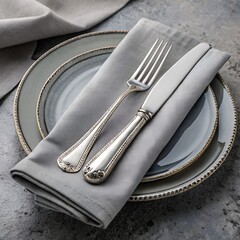 A neatly arranged dining table setting with a gray napkin, silver cutlery, and decorative plates. The background features a textured surface.