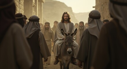Fototapeta premium Caucasian man riding donkey through ancient stone streets with crowd watching. Biblical scene recreation with robes and traditional clothing. Religious celebration. Religious supplies, pilgrimage