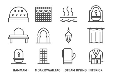 Hammam spa icons set with steam, mosaic, interior decor elements