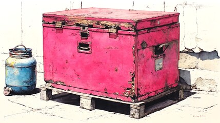 the image displays a large, rectangular box with a lid, situated on a wooden pallet. the box is painted in a vibrant red hue, showing signs of wear and tear
