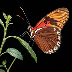 A vibrant orange and brown butterfly rests on a green leaf against a black background. The butterfly displays intricate patterns on its wings.