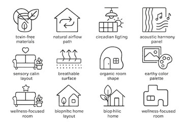 Sustainable home design icons illustrating eco-friendly living concepts