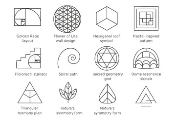 Sacred geometry patterns: fibonacci, fractal, and hexagonal designs