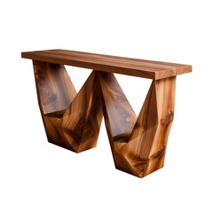 Geometric walnut wood console table with unique sculptural base isolated on transparent background