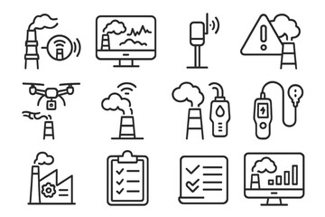 Air pollution monitoring icons set: drones, sensors, data analysis, factory emissions